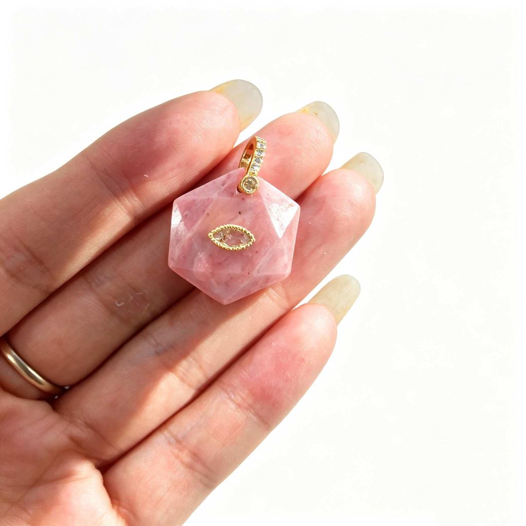 1pc Faceted Geometric Natural Stone Pendants with Inlaid Zircon Charms for Necklace Amethyst Pink Crystal Jewelry Making
