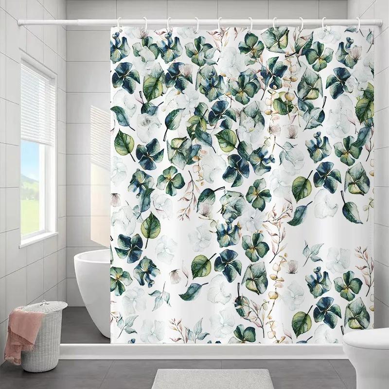 1PC Botanical Flower and Leaf Watercolor Pattern Waterproofing Bathroom Decoration Shower Curtain with Hooks Minimalist Design