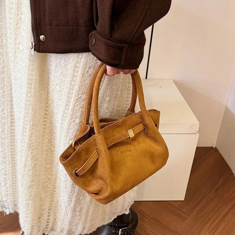 Vintage Faux Suede Women's Small Tote Bag Fashi Design Ladies Shoulder Crossbody Bags Retro Matte Female Purses and Handbags