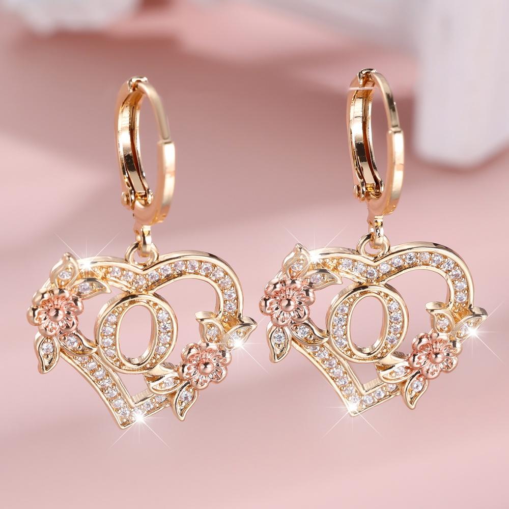 A-Z 26 Buchstaben Damen Herz Blume Creolen Vintage Goldfarbe Weiß Zirkon Hochzeits Schmuck Für Frauen