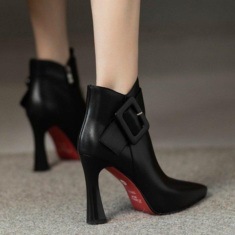 Women Pointed Toe Stiletto Ankle Booties Buckle Decor Flared High Heel Party Short Boots