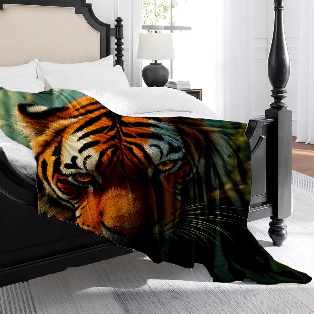 1pc Bengal Tiger Print Flannel Blanket - Luxurious Plush All-Season Bedspread with Realistic Tiger Face & Jungle Design, Soft Wa