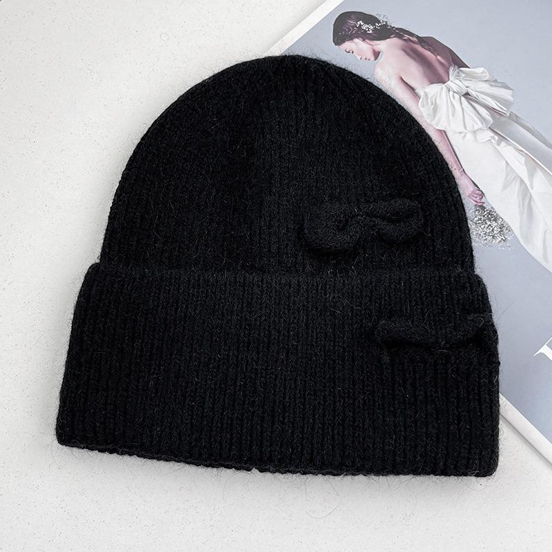 New double bow knitted hat women's autumn and winter sweet warm wool hat big head circumference show face small cold hat