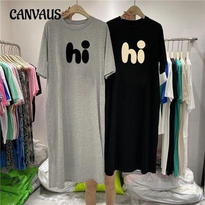 Robe t-shirt ample à manches courtes et imprimé lettre fendue pour femme, longueur genou, grande taille, été