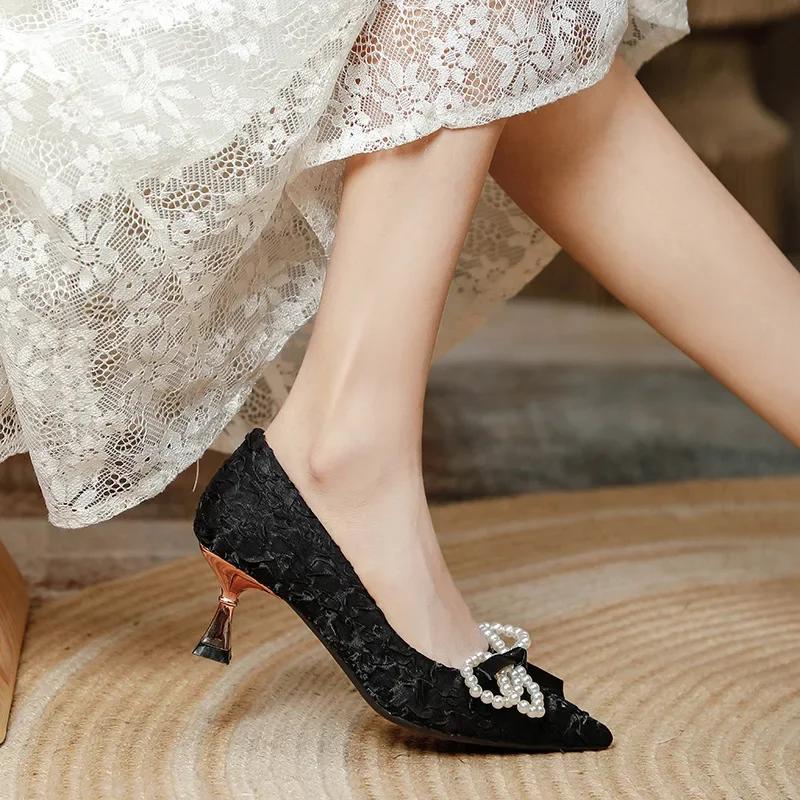 Fashion 2025 French White High Heels Women's Stiletto Pointed Shoes Pearl Bow Small Heel Shoes
