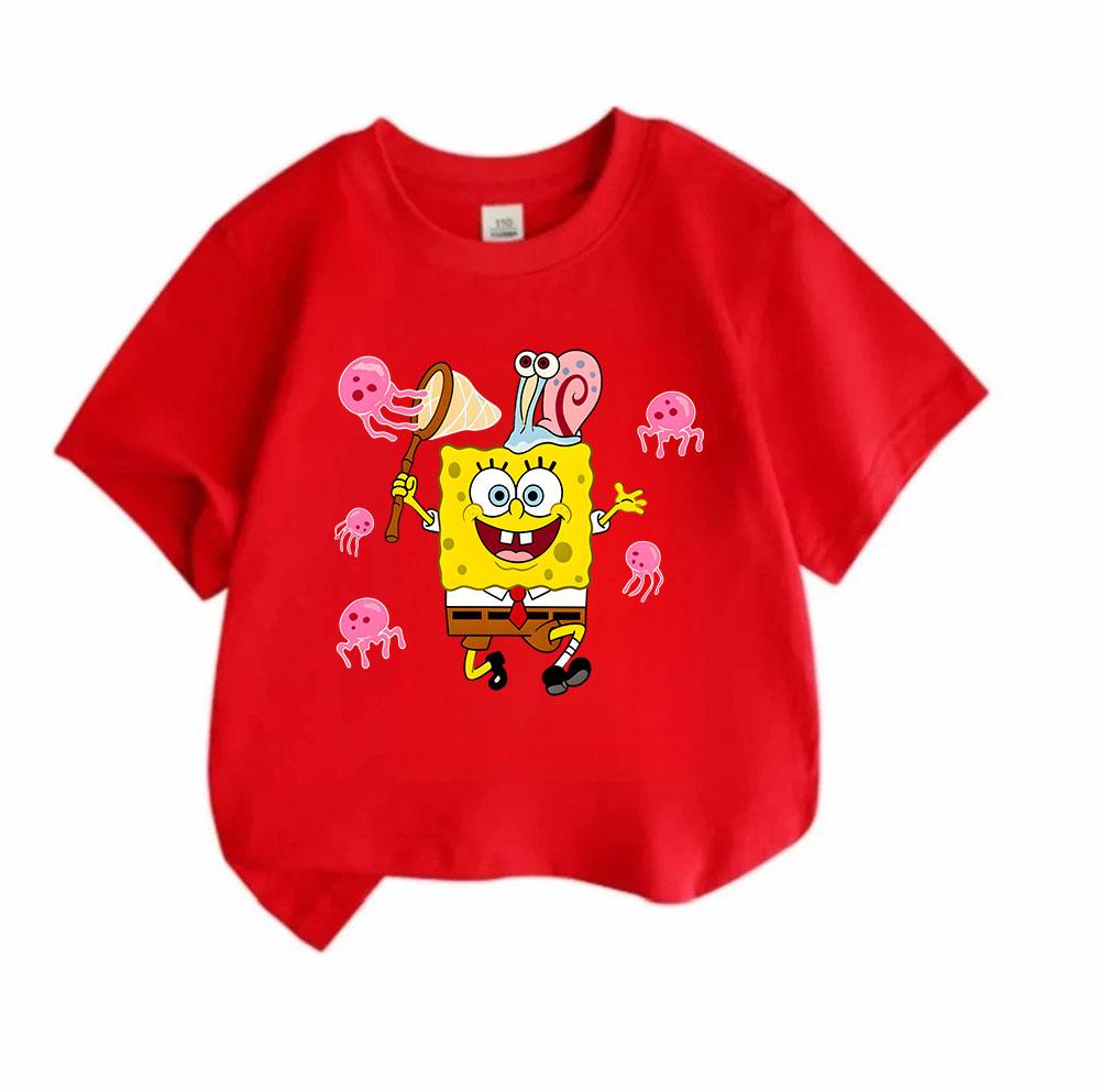 Kids Boys Girls 100% Cotton Crew Neck Short Sleeve T-Shirt, Cute Cartoon Sea Sponge Pet Snail Jellyfish Print Casual Summer Tee Tops for Children
