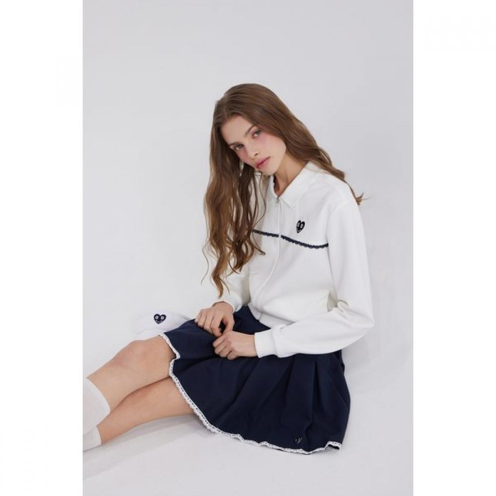 Goxo Smile Heart Lace Collar Zip Up White Navy 