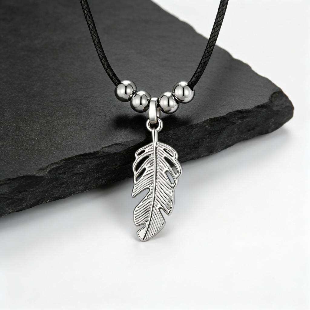 Boho Feather Pendant Necklace for Men,Vintage Stainless Steel Leaf Leather Collars,Rock Punk Ethnic Jewelry Gift for Father Son