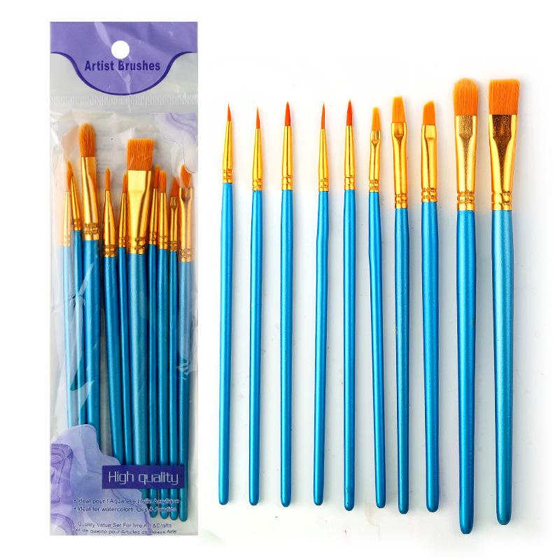 10-Piece Children's Paint Brush Set: Blue Handle Nylon Brushes for Acrylic, Watercolor, and Oil Painting
