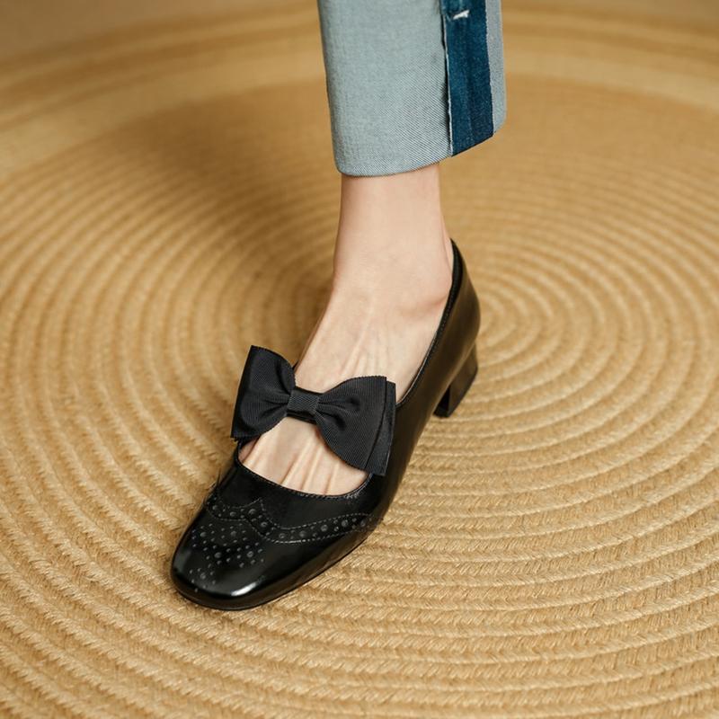 Fashion NEW Spring/Autumn Women Pumps Square Toe Chunky Heel Shoes Genuine Leather Shoes for Women Bow-knot Buckle Strap Mary Janes Shoe