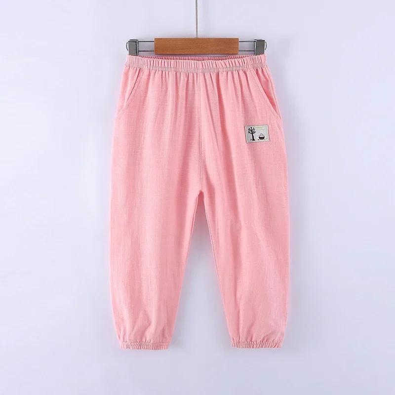 Children Trousers for Boys Girls Cotton Linen Elastic Waist Solid Color Summer Mosquito Pants Kids Clothing Long Pants
