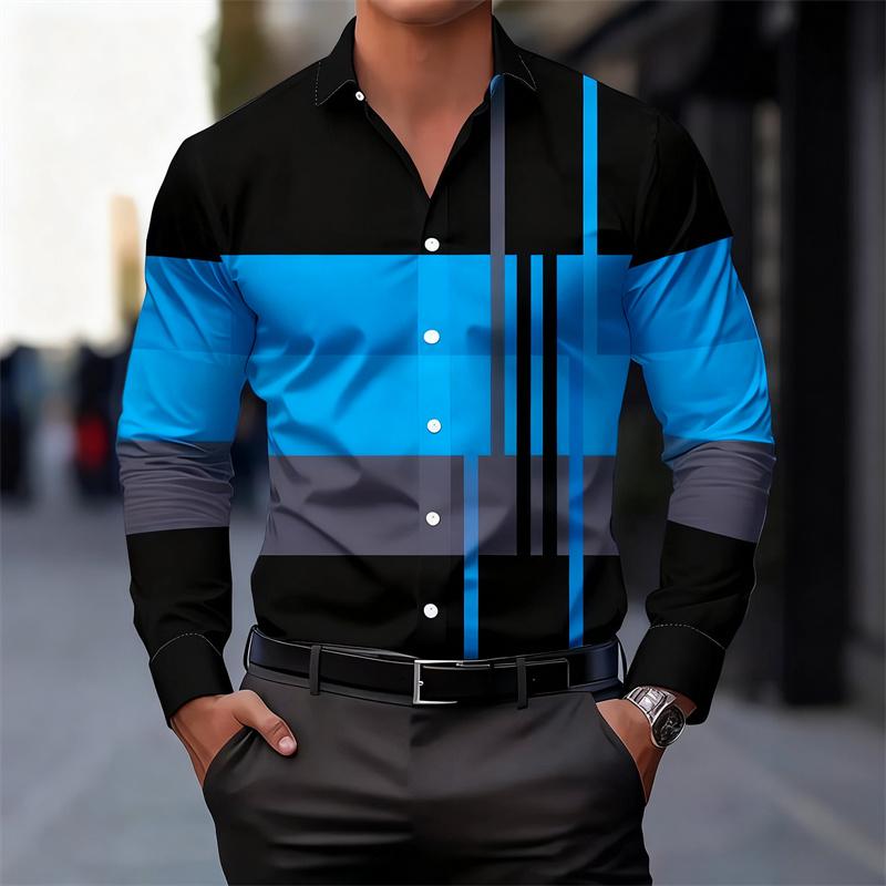Men's Color-blocked Striped Patchwork Long-sleeved Shirt, Unique Geometric Pattern Slim Fit Shirt, Stylish Men's Top, S-6XL.