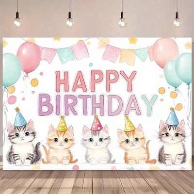Kids' Cat Birthday Photography Backdrop with Adorable Kittens and Party Hats