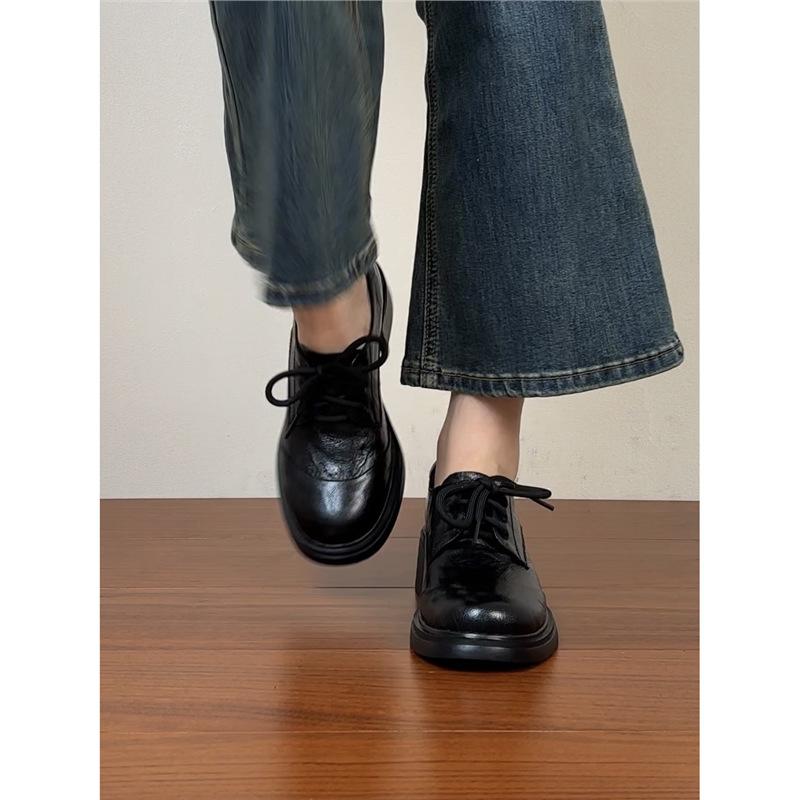 Craftsman Single Shoes Thick Lace-up Women's British Round Head Heel New Mid-autumn Leather Shoes Heel Loafers
