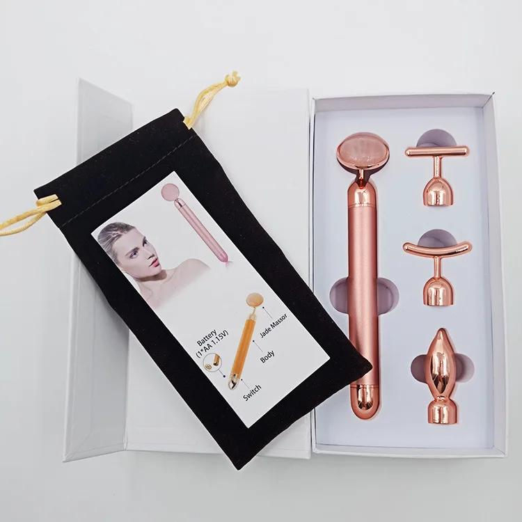 4 In 1 Vibrating Rose Quartz Roller Face Roller Eye Massager Jade Roller T/V Shaped Face Lifting Slimming Beauty Care Massager
