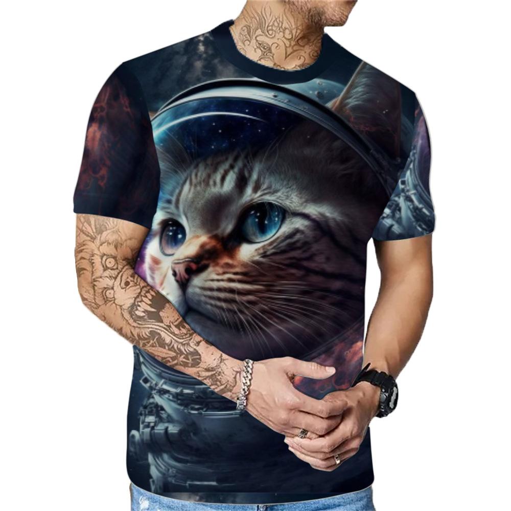 Letní Pánská Trička s Krátkým Rukávem s Módním Ležérním 3D Potiskem Kočky s Kulatým Výstřihem