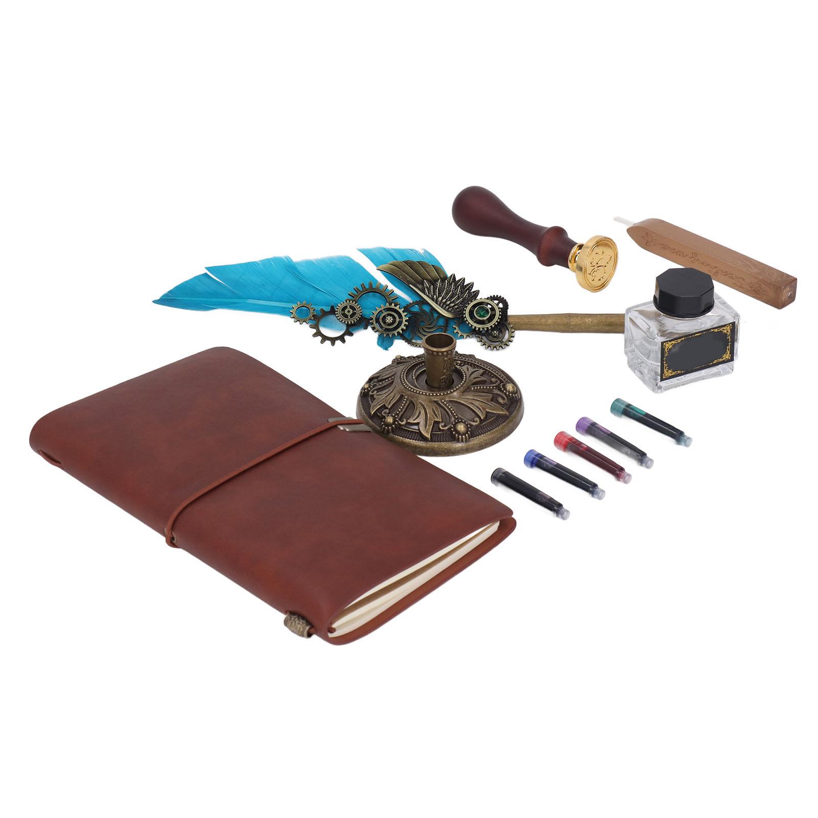 Set de Pluma de Ave Retro Exquisito Cera de Lacre Botella Vacía de Tinta Bolsa de Tinta Base Sello de Libro Kit de Pluma de Ave Azul azul