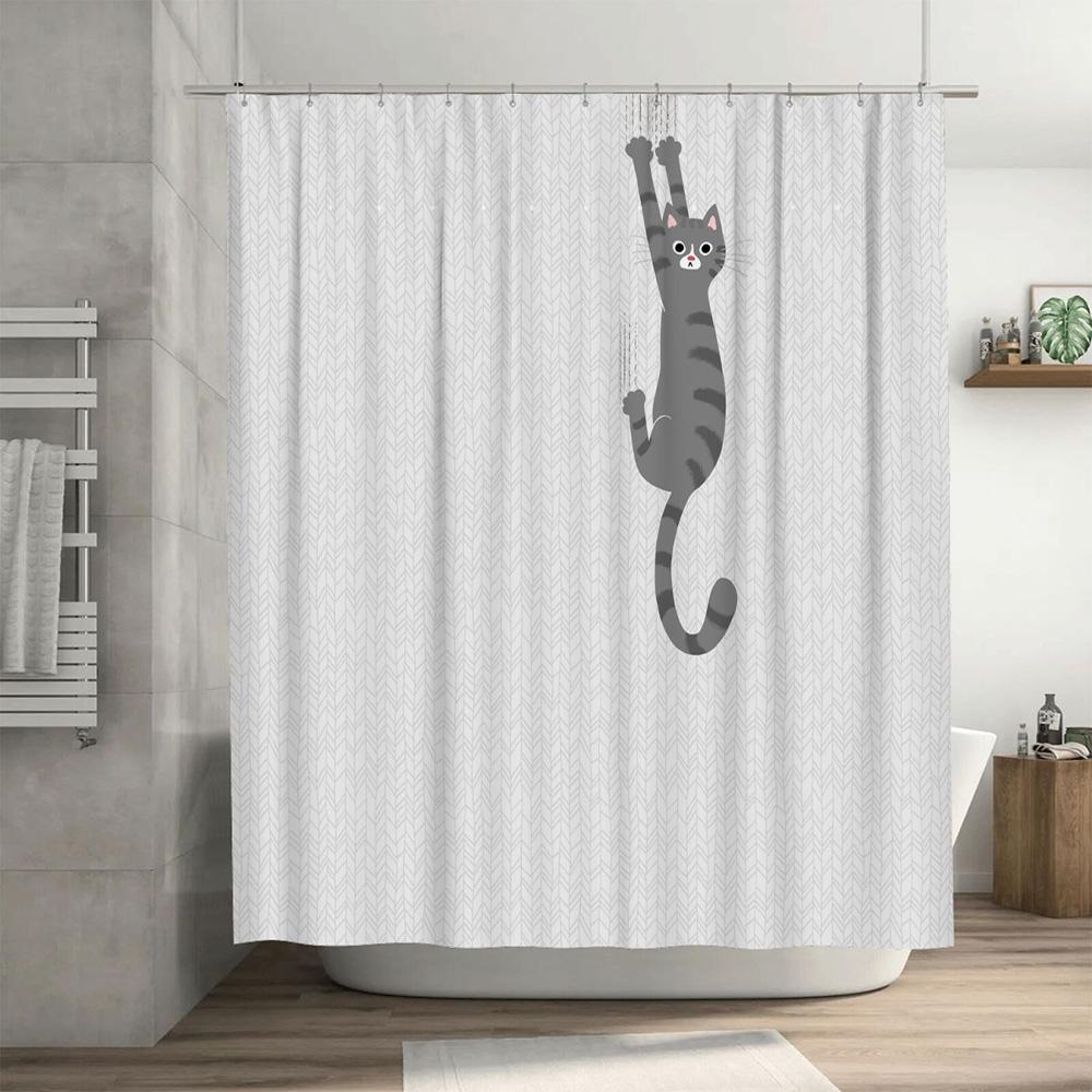 Cat-Themed Shower Curtain With Gray Stripes And Hanging Pattern Decorative Bathroom Accessory For Kids Or Adults Add A Touch Of