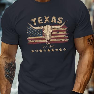 T-shirt Casual Moda Estiva da Uomo 100% Cotone Puro, Collo Tondo Manica Corta, Stampa Pattern Teschio di Bue Longhorn del Texas, Vestibilità Larga