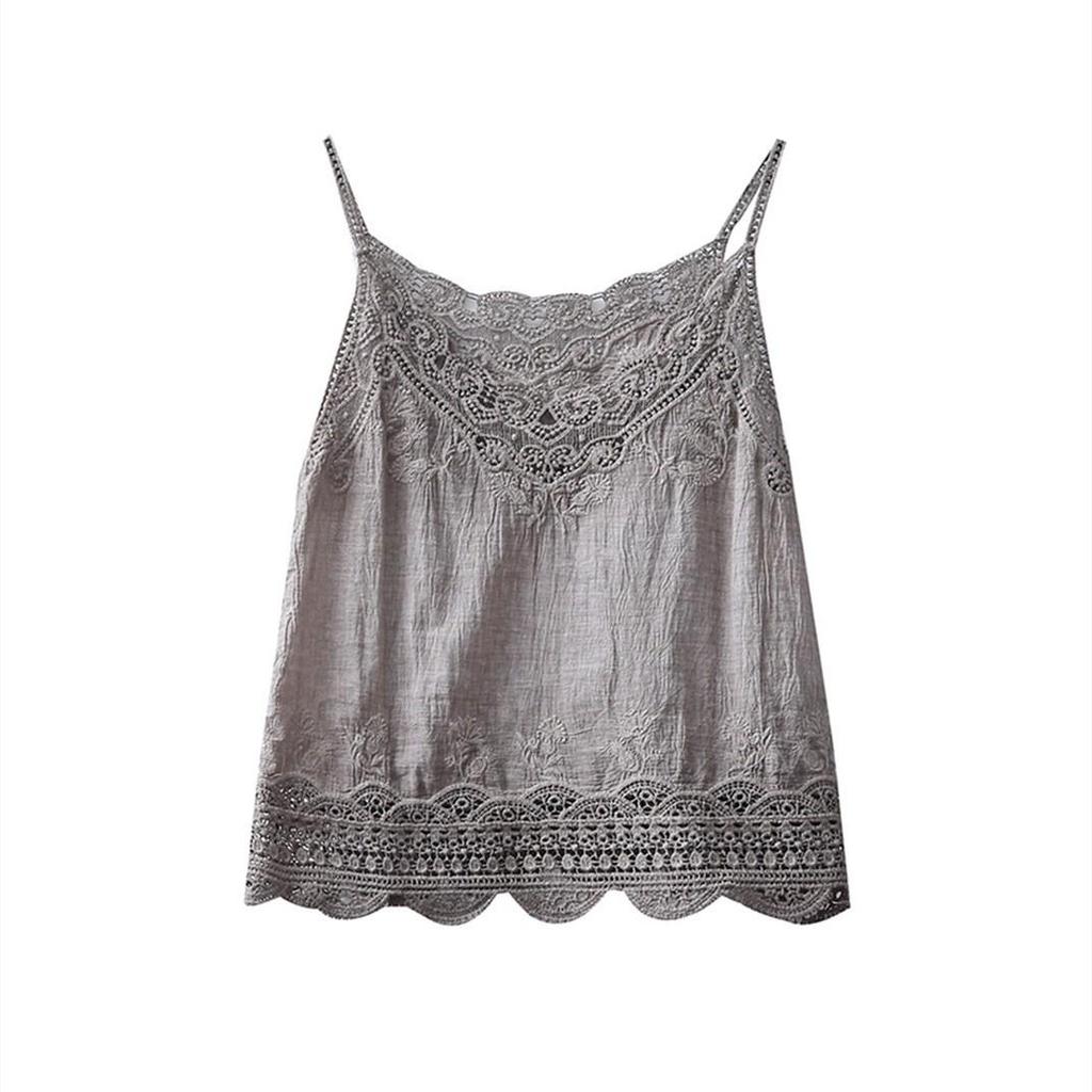 Women's Summer Lace Applique Tank Top – Sleeveless, Sexy, Loose Fit, Cotton with Edged Detailing
