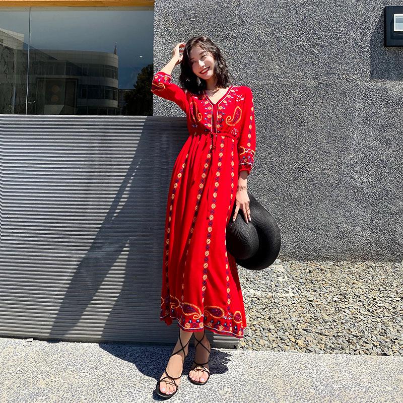 Ethnic Embroidered V-Neck Cotton Linen Dress, Fairy Style with Tie-Up and Swing, Perfect for Travel and Photos - Style 636