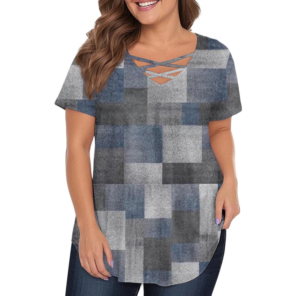 Women's Fashion Casual Printed V-Neck Short Sleeve Large Size T-Shirt Top