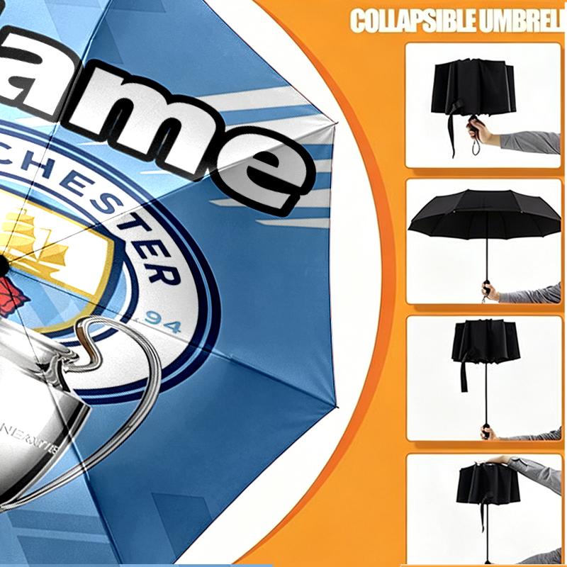 Custom Name Personalized Manchester City FC Print Umbrella, Auto Open Close, 8‑Rib Sturdy Frame, Commute Camping Hiking Use, Birthday Gift