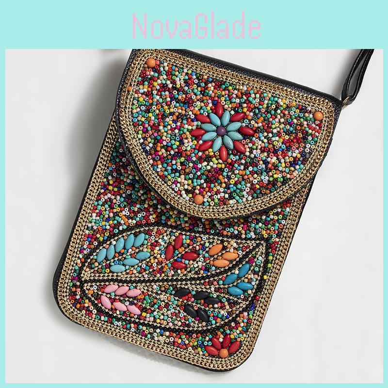 Bohemian Theme Pu Handbag With Magnetic Flap And Floral Accents For Daily Outings