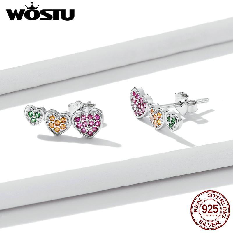 WOSTU 925 Sterling Silver Colorful Green Orange Pink Heart Zircon Stud Earrings For Women Fashion Party Jewelry Gift CTE588