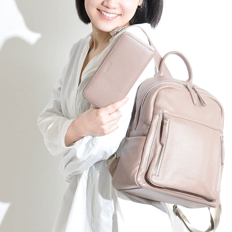 Barcos Backpack and Wallet Genuine Long Large Commuter Taupe 2-Piece Set, Leather, Women's, Gift, Wallet, Capacity, Stylish, Backpack,