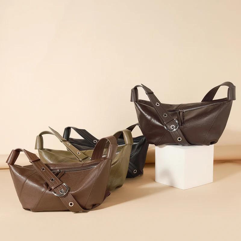 Women Natural Cowhide Leather Dumpling Bag For Ladies Casual Minimalist Adjustable Crossbody Hobos Bag Commuter Bag Accessories