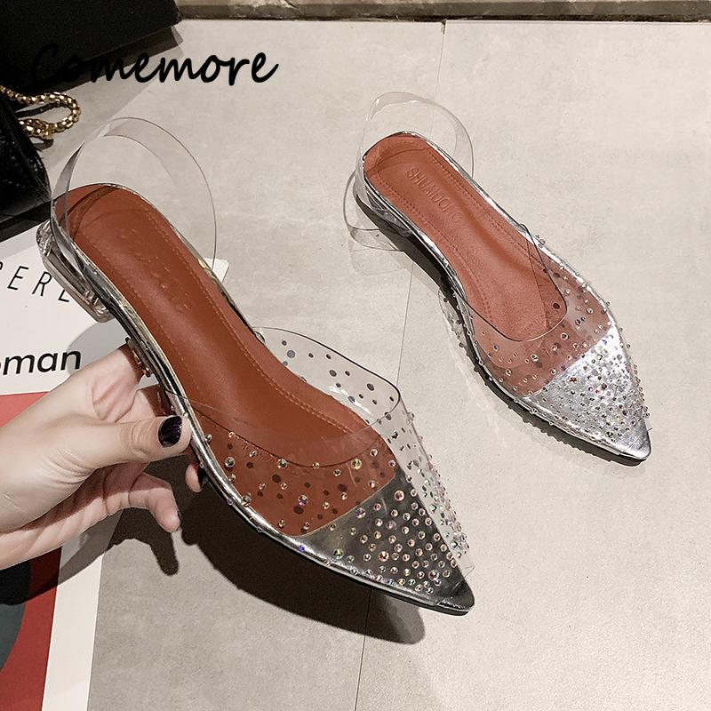 

Новые прозрачные женские туфли-лодочки из ПВХ, сандалии, туфли-лодочки на среднем каблуке со стразами, женские свадебные туфли подружки невесты с острым носком, Zapatos 35