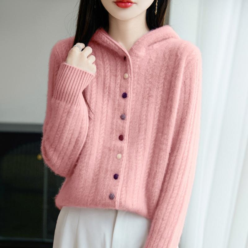 Autumn And Winter New Thickened Hooded Wool Cardigan Women'S Twisted Flower Simple Casual Lazy Wind Knitted Sweater Jacket
