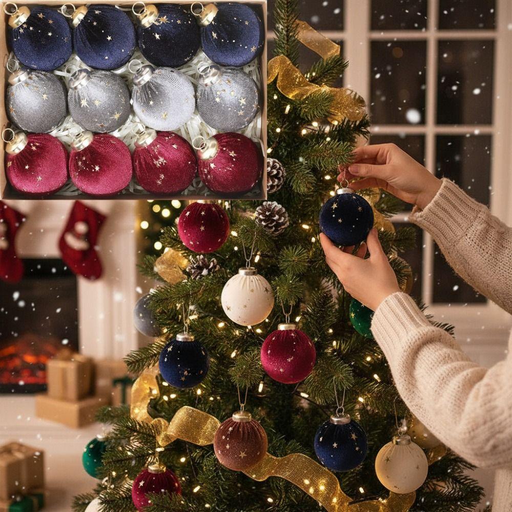 12Pcs/set Creative Velvet Christmas ball Ornaments Shiny Shatterproof Xmas Tree Hanging Pendants Durable Reusable