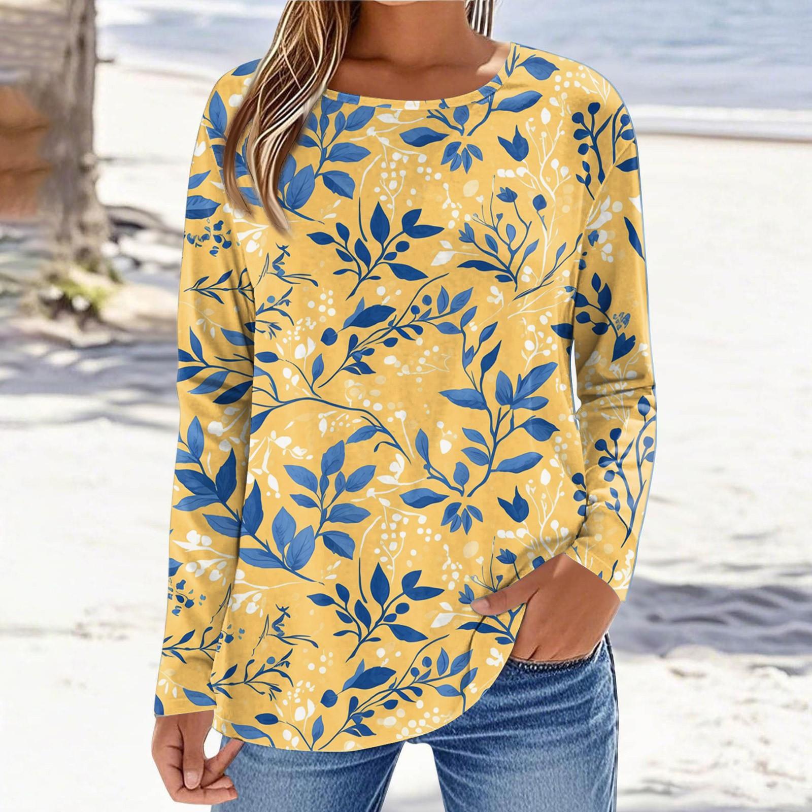 

Женская модная повседневная футболка с принтом, с длинным рукавом и круглым вырезом Футболка с круглым вырезом Топ XL жёлтый