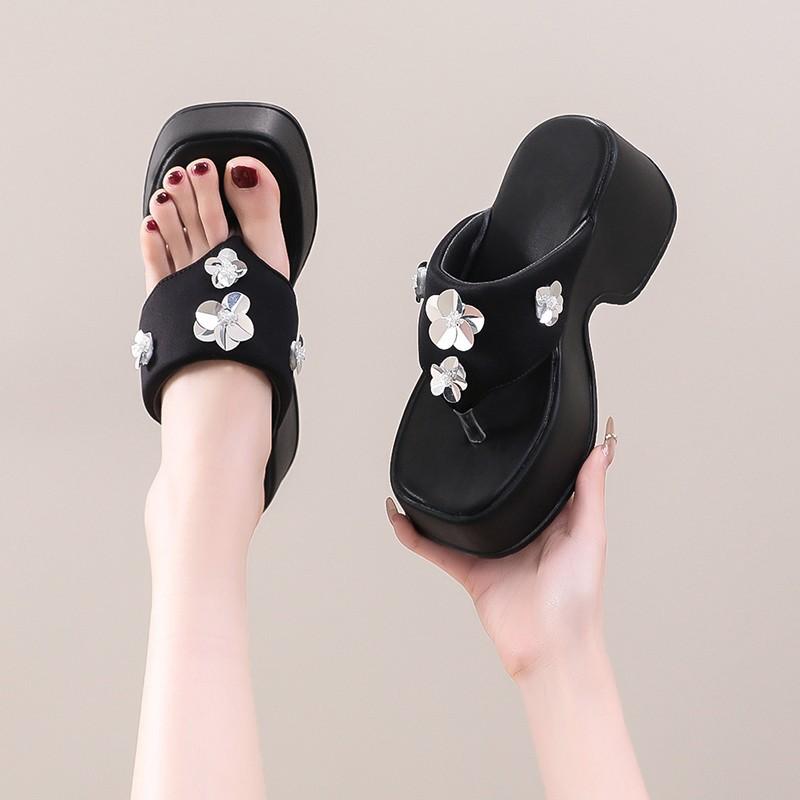 2025 Spring and Summer New European and American Style Fashion Waterproof Heel Shoes Square Head Open-toed Muffin Thick-soled One-word Slippers Women