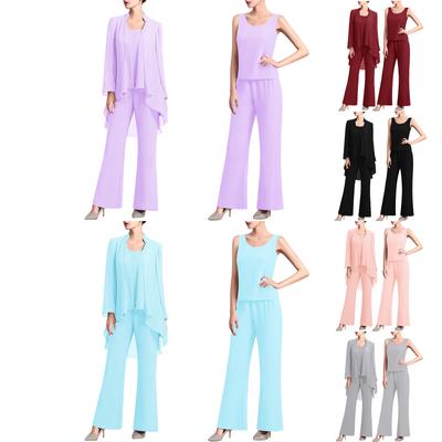 Dámský elegantní šifonový kostým na párty, 3dílné outfity Tílko s dlouhým rukávem, otevřený přední cardigan a dlouhé kalhoty