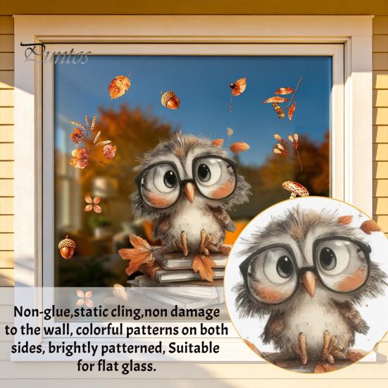Removable Fall Window Stickers for Home Autumn Static Sticker with Cute Animals & Maple Leaves, Harvest Seasonal Glass Living Room Festival