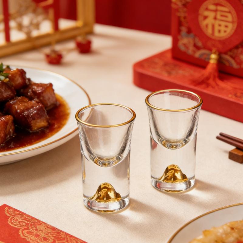 2pcs High End Gold Baijiu Cup Thick Glass Strong Wine Glass Chinese Style Drinking Utensils Suitable for New Year Gift Giving