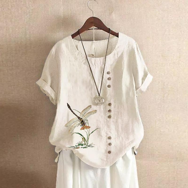 JPNTKY Women s Fashion Casual O-Neck Short Sleeve Blouses & Shirts L