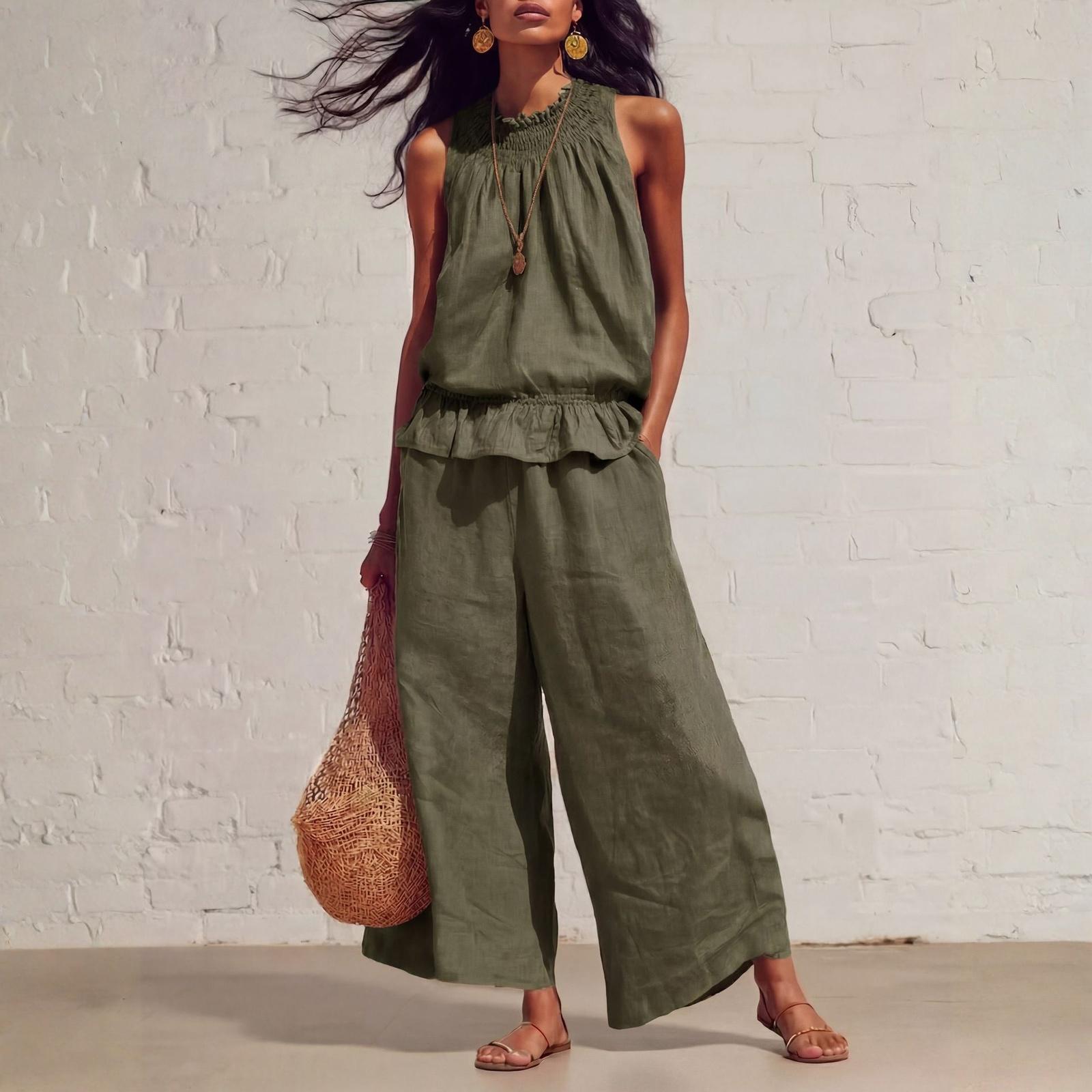 Women s Casual Retro Bohemian- Ruffle Cotton-Linen Two-Piece Set L армия зеленый