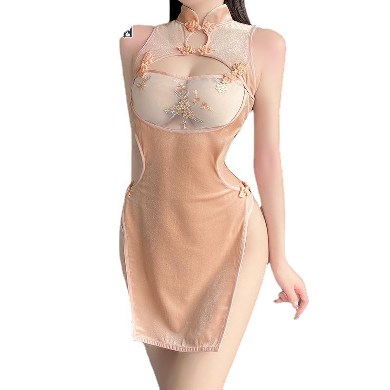 Chinese Cheongsam Sexy Lingerie Perspective Embroidery Qipao Mini Skirt Green Pink Women's Cosplay Costumes