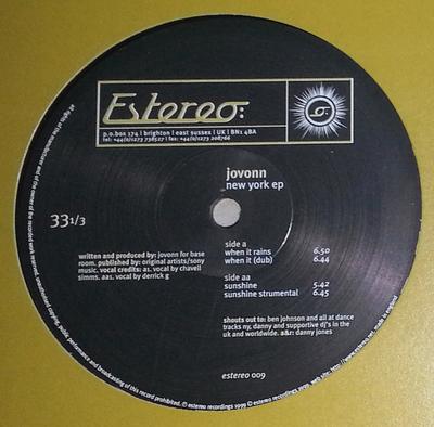 12inch Record JOVONN - New York EP ESTEREO009 Estereo 1999 UK Dance & Electronica Used