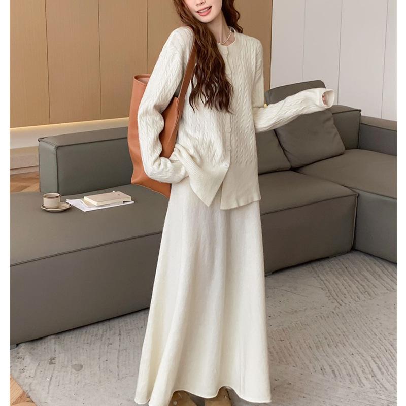 

Трикотажный полуторный костюм с юбкой для женщин, осенне-зимний свитер в стиле ленивой закрутки, кардиган, топ One size бежевый