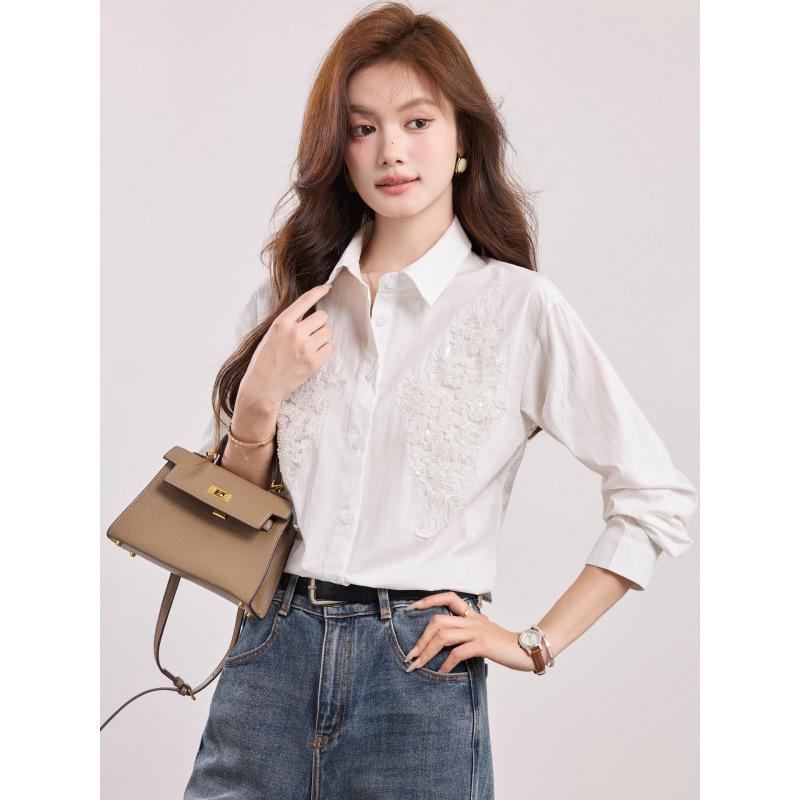 

Women s Spring 2026 French Polo Collar White Long Sleeve Shirt - Elegant Professional Commuting Top Small белый