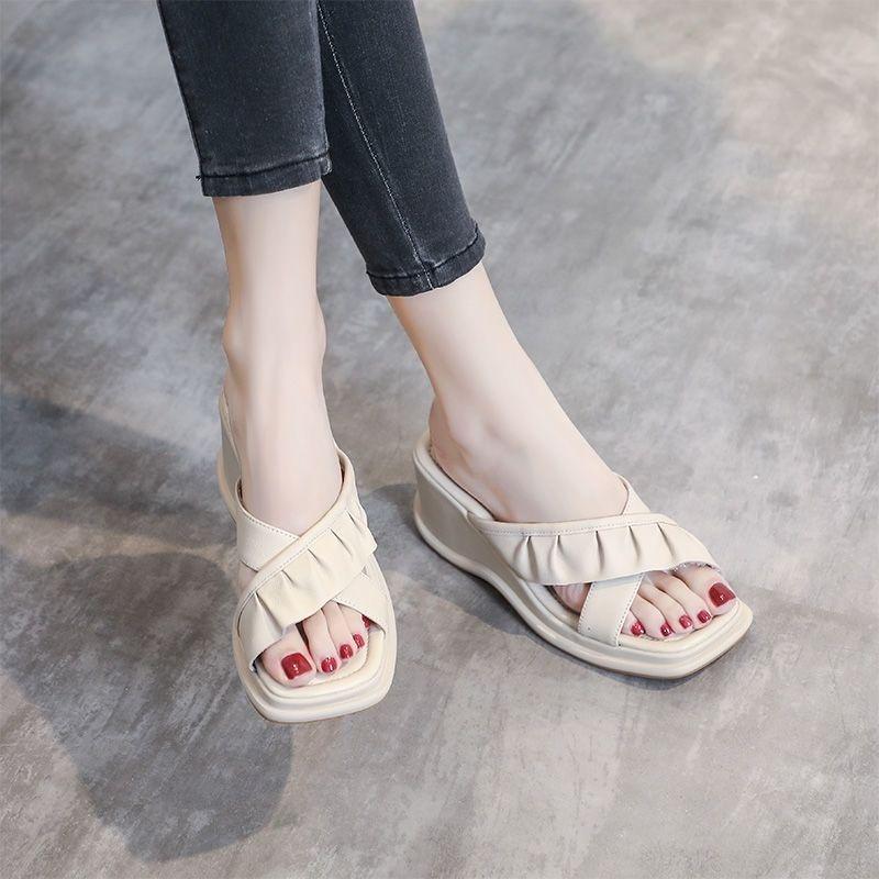 Modne Kapcie Damskie Sandały Zewnętrzne Klapki na Koturnie Morelowe Miękkie Saboty Skórzane Buty Damskie w Promocji Wodoodporne Naturalna Skóra 39