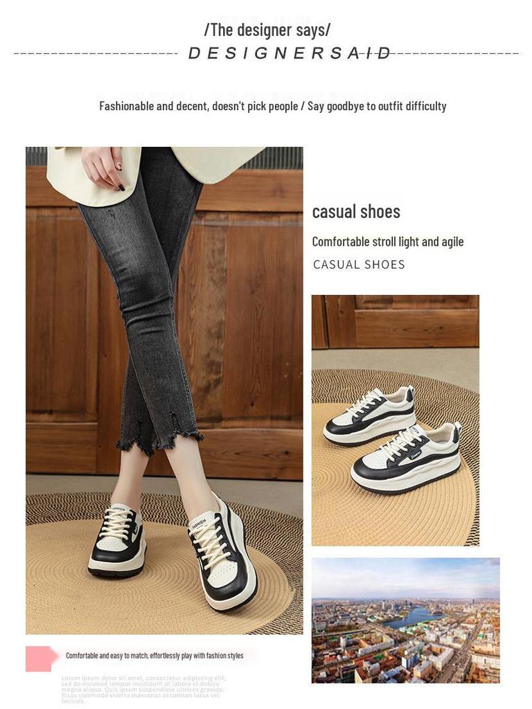 2024 Wiosna Damskie Białe Retro Buty Skate z Grubej Podeszwy ze Skóry Naturalnej - Wszechstronne, Płaskie, Casualowe Sneakersy Plus Size