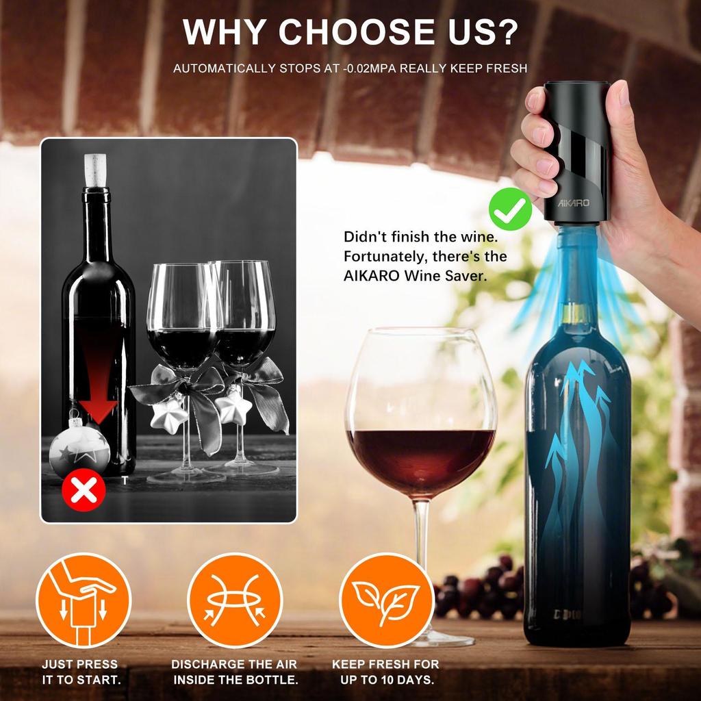 AIKARO Pompa Sottovuoto Elettrica Salva Vino con Tappo per Bottiglia, Conservatore Automatico per Vino, Funzionamento a Batteria