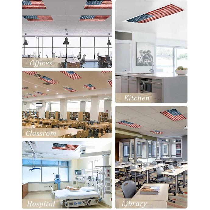 4 Pack Fluorescent Light Cover for Ceiling Lights, American Flag Magnetic Classroom Light Filters 4x2 Feet, Vintage Blue Red USA Flag Decorative
