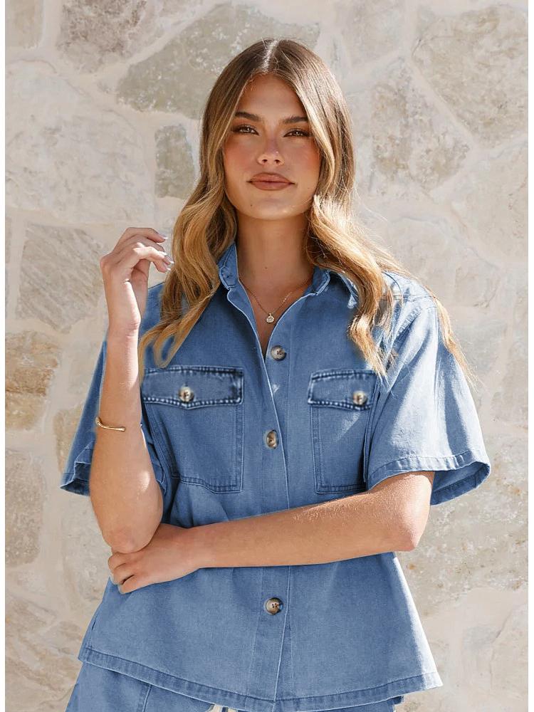 2025 Vintage Denim Two-Piece Set: Women's Loose Short-Sleeve Shirt & Shorts